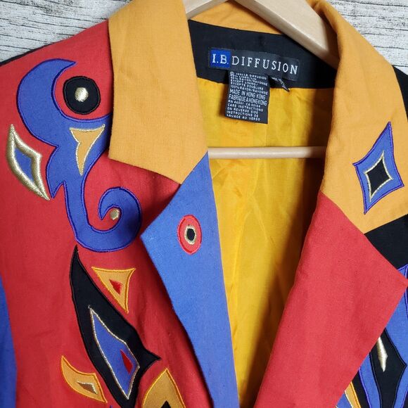 90s I. B. Diffusion Color Block Appliqued Oversized 2 Button Blazer Womens 10 - Picture 2 of 8